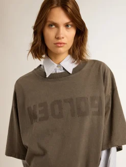 Fashion Golden Goose Vestido T-shirt feminino cinza com tratamento desgastado Cor: cinza antracite