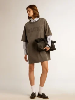Fashion Golden Goose Vestido T-shirt feminino cinza com tratamento desgastado Cor: cinza antracite