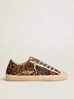 Sale Golden Goose V-Star de cavalinho leopardo com estrela e talão de couro preto Cabedal de couro cavalinho com estampa de leopardo bege e marrom
