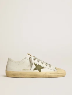 Sale Golden Goose V-Star de couro branco com estrela de lona verde Cor: branco
