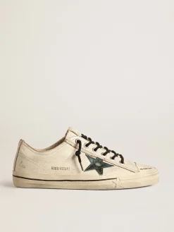 Store Golden Goose V-Star de couro brilhante com estrela de couro metálico craquelado verde Cabedal de couro brilhante branco