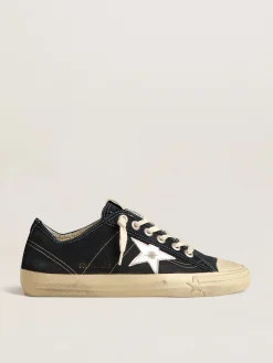 Cheap Golden Goose V-Star de lona azul-marinho, estrela de couro metálico prateado Cabedal de lona azul-marinho