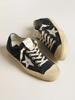 Cheap Golden Goose V-Star de lona azul-marinho, estrela de couro metálico prateado Cabedal de lona azul-marinho