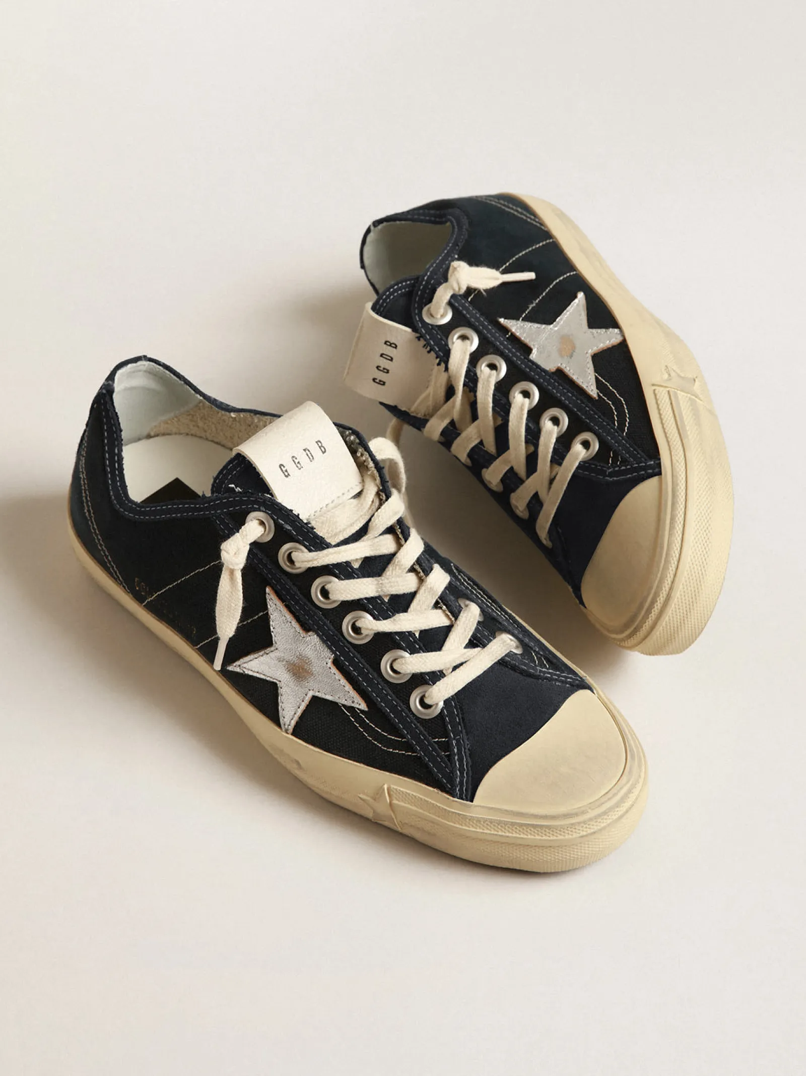 Cheap Golden Goose V-Star de lona azul-marinho, estrela de couro metálico prateado Cabedal de lona azul-marinho