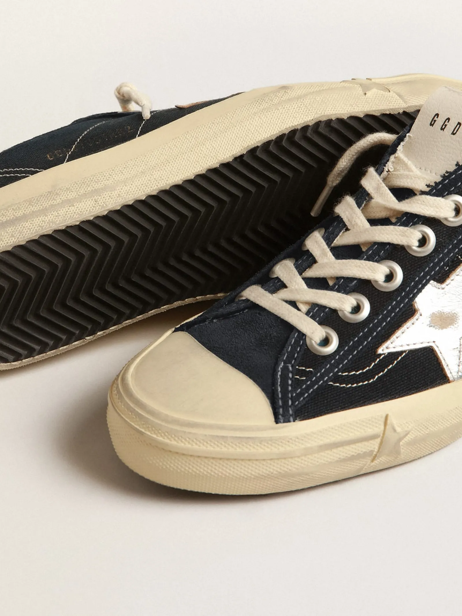 Cheap Golden Goose V-Star de lona azul-marinho, estrela de couro metálico prateado Cabedal de lona azul-marinho