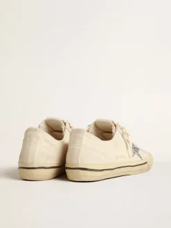 Best Sale Golden Goose V-Star de lona bege com estrela de glitter prateado Cabedal de lona bege