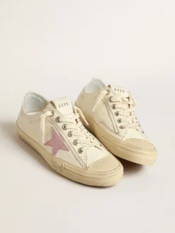 Discount Golden Goose V-Star de napa bege com estrela de suede cor rosa antigo Cabedal de napa bege