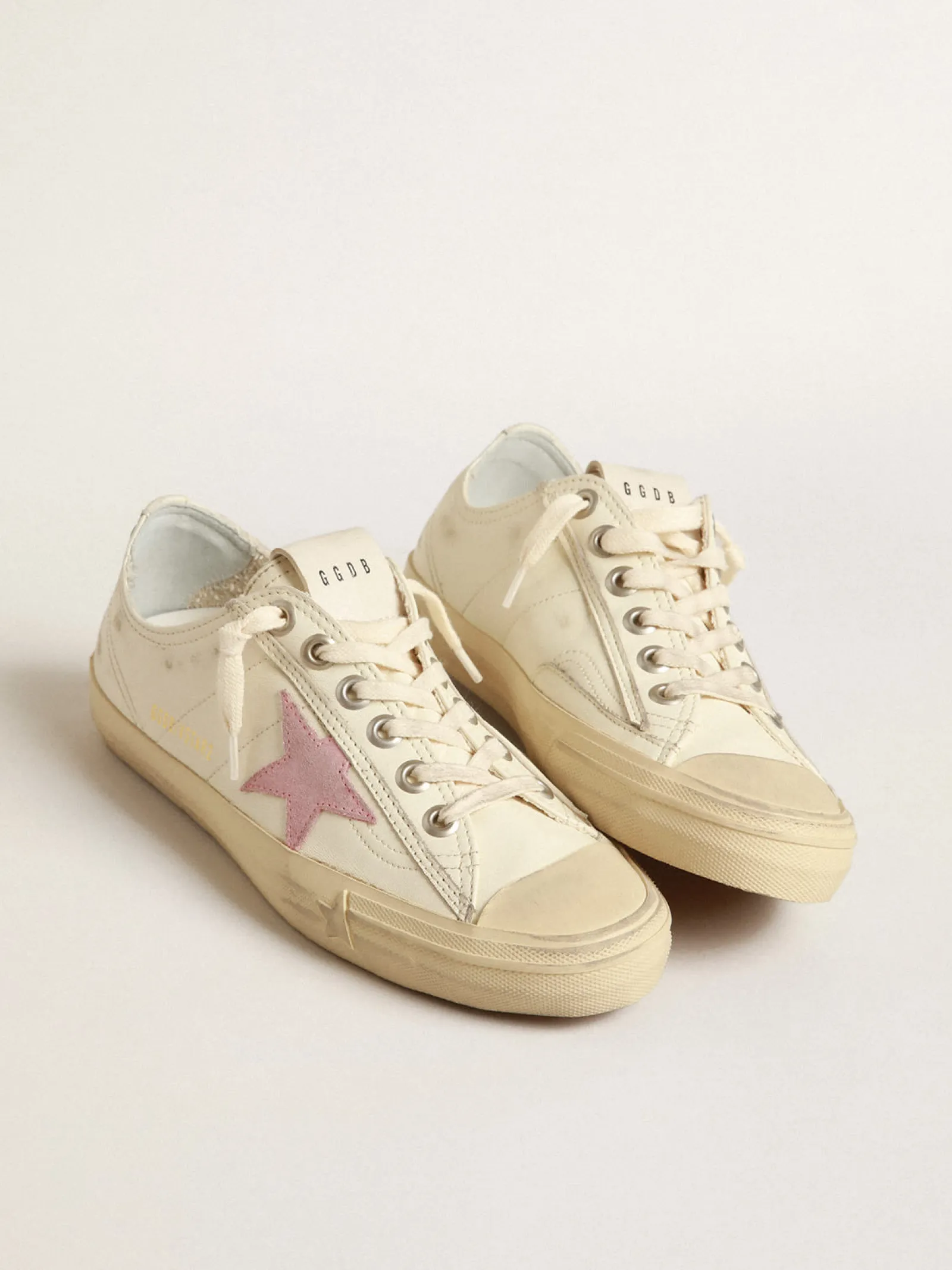 Discount Golden Goose V-Star de napa bege com estrela de suede cor rosa antigo Cabedal de napa bege