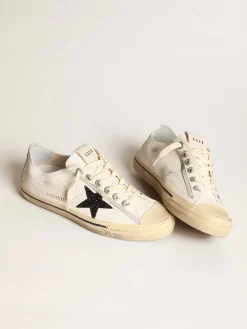 Outlet Golden Goose V-Star de napa branca com estrela de glitter preto Cabedal de napa branca