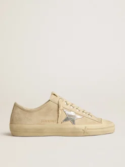 Best Golden Goose V-Star feminino de suede pérola com estrela de couro metálico prateado Cabedal de suede cor de pérola