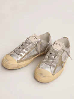 Hot Golden Goose V-Star LTD feminino de couro metálico prateado Cabedal de couro metálico prateado
