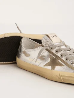 Hot Golden Goose V-Star LTD feminino de couro metálico prateado Cabedal de couro metálico prateado