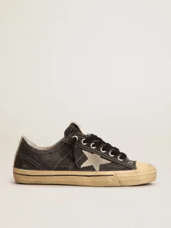 Sale Golden Goose V-Star LTD feminino de lona preta com estrela e talão cinza gelo Cabedal de lona preta