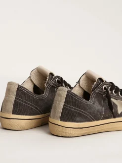 Sale Golden Goose V-Star LTD feminino de lona preta com estrela e talão cinza gelo Cabedal de lona preta