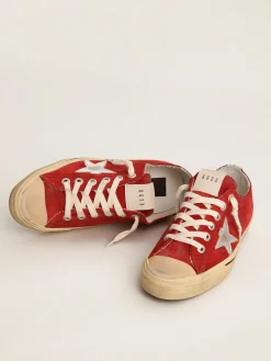 Cheap Golden Goose V-Star LTD feminino de suede vermelho escuro com estrela prateada Cabedal de suede vermelho escuro