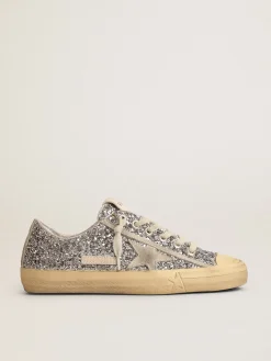 Clearance Golden Goose V-Star LTD feminino em glitter prateado com estrela de suede cinza gelo Cabedal de glitter prateado