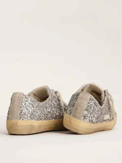 Clearance Golden Goose V-Star LTD feminino em glitter prateado com estrela de suede cinza gelo Cabedal de glitter prateado