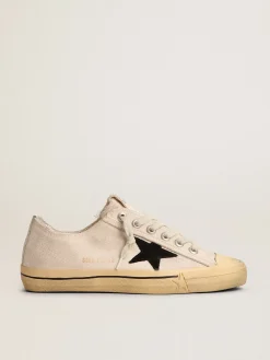 Cheap Golden Goose V-Star LTD masculino com estrela de suede preto e inscrição bordada Cabedal de lona branca suja