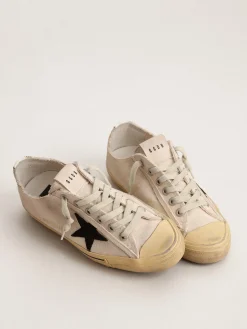 Cheap Golden Goose V-Star LTD masculino com estrela de suede preto e inscrição bordada Cabedal de lona branca suja