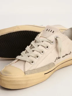 Cheap Golden Goose V-Star LTD masculino com estrela de suede preto e inscrição bordada Cabedal de lona branca suja