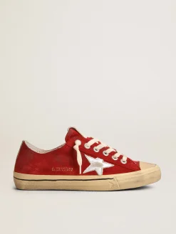 Fashion Golden Goose V-Star LTD masculino de suede vermelho -escuro com estrela e talão prateados Cabedal de suede vermelho escuro