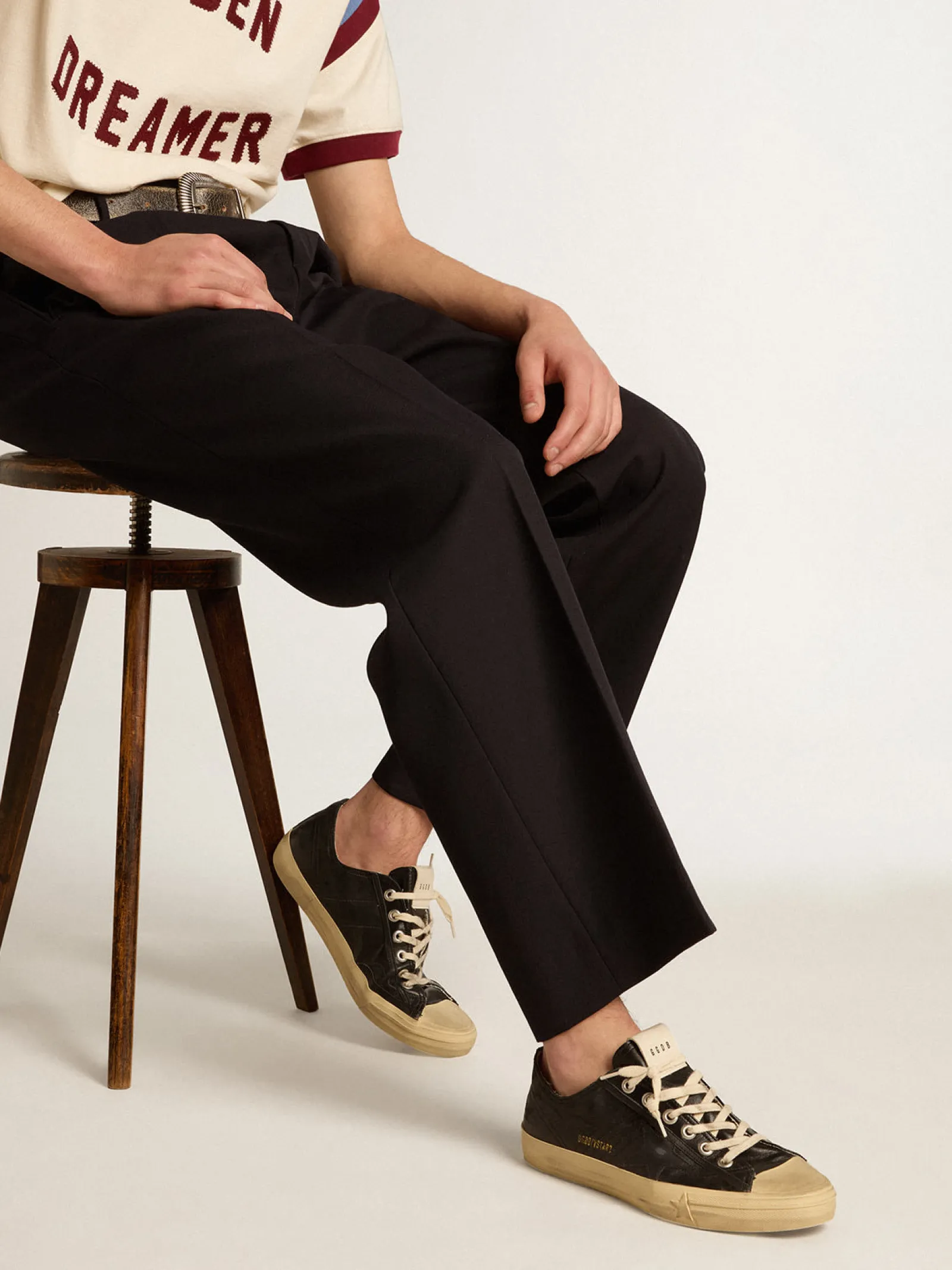 Cheap Golden Goose V-Star Masculino de napa preta com estrela de couro preto Cabedal de napa preta