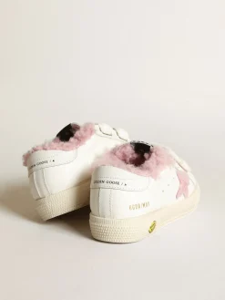Best Golden Goose Young May School de napa branca com estrela e forro de shearling rosa Cabedal de napa branca